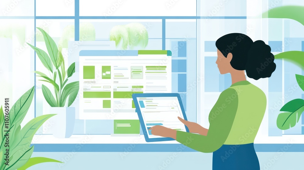 Poster a person using a tablet in a bright, plant-filled workspace.