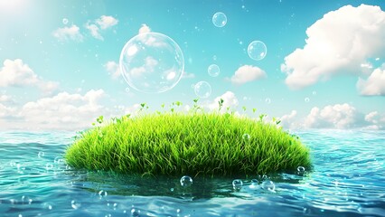 Blue sky and green grass with bubbles