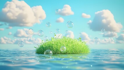 Blue sky and green grass with bubbles