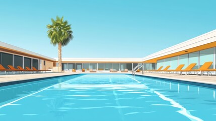 Fototapeta premium Minimalist 80s LA summer vibes with outdoor pool and palm tree