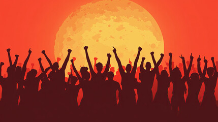 Crowd Silhouettes Against the Orange Moon: A Celebration Under the Night Sky