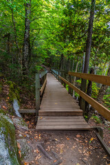 Obraz premium A view along a boardwalk on the path to the top at Saguenay Fjord National Park, Quebec in Canada in the fall