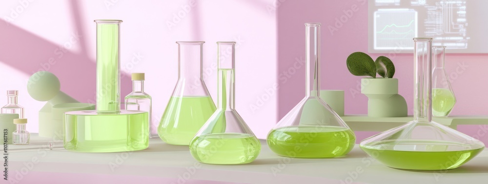 Aufkleber a laboratory setting with various glassware containing green liquids.