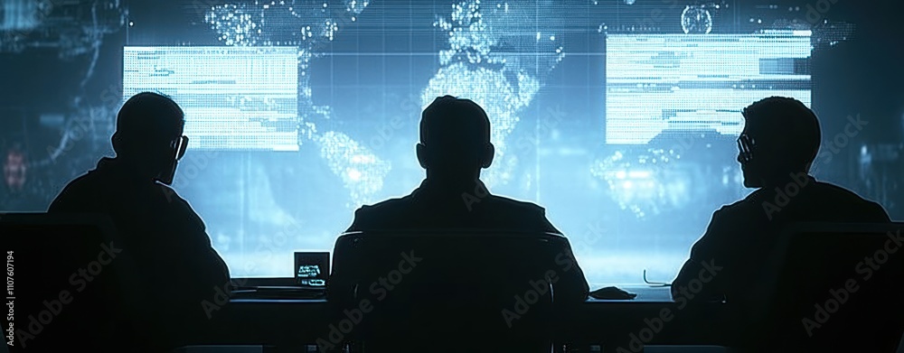 Fototapete Silhouetted figures observing digital data on screens in a high-tech environment.
