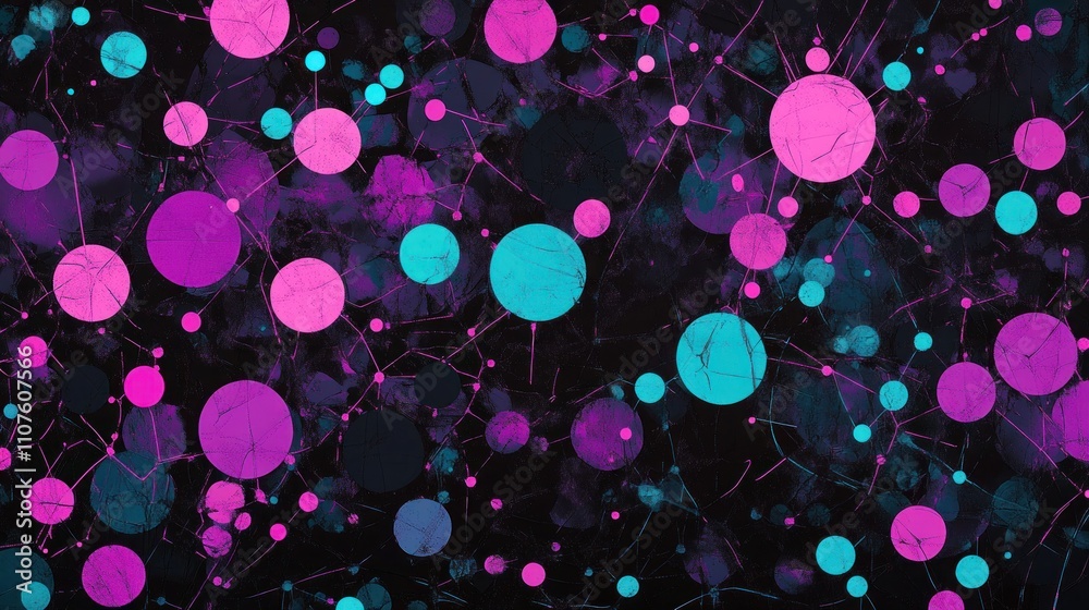 Poster Abstract design featuring vibrant circles and lines on a dark background.