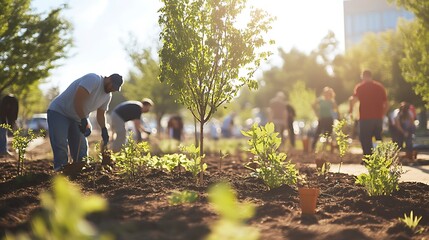 People coming together to plant saplings in a new community park project
