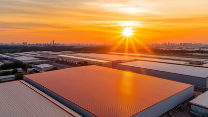 peak energy power load concept. Aerial view of industrial park at sunset with vibrant colors