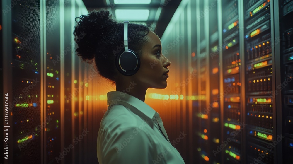 Aufkleber a woman wearing headphones focuses intently while standing between server racks in a data center.