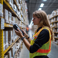 Warehouse employee in a safety vest holding a smartphone in a storage facility, representing logistics, technology, e-commerce, and inventory management for commercial applications