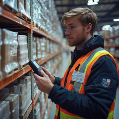 Portrait of a confident warehouse worker in a safety vest using a smartphone in a storage facility, representing logistics, delivery, inventory, and e-commerce for business use