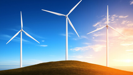 Obraz premium peak energy power load concept. Wind turbines on hill under clear blue sky at sunset