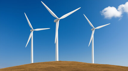 Fototapeta premium peak energy power load concept. Wind turbines spinning on hill under clear blue sky