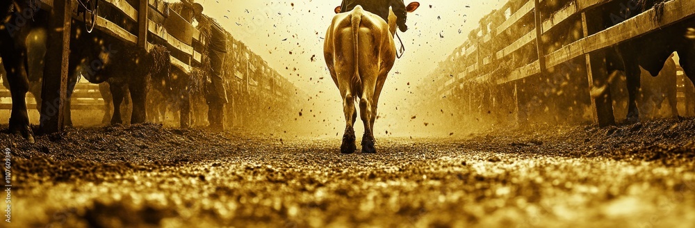 Poster a cow walking down a dusty path in a farm setting, illuminated by warm golden light.