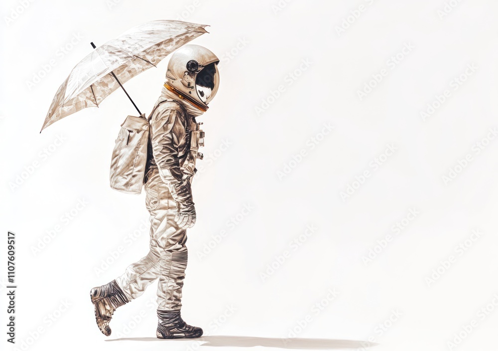 Poster an astronaut walks with an umbrella, blending space exploration with everyday life.