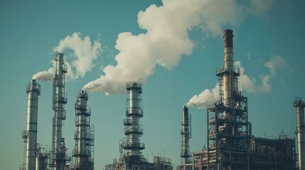 Obraz premium Smokestacks releasing clean steam at a refinery, showcasing environmentally friendly fuel processing