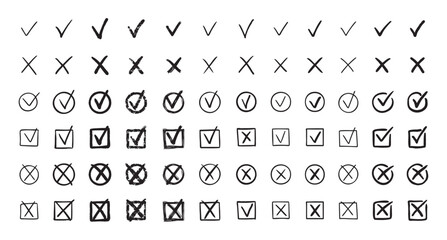 Check marks hand drawn doodle set. tick, cross signs for checkbox, checklist, v and x in sketch set. © Yanka
