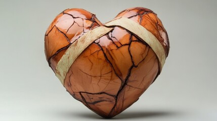Cracked Heart Sculpture with Bandage on Neutral Background