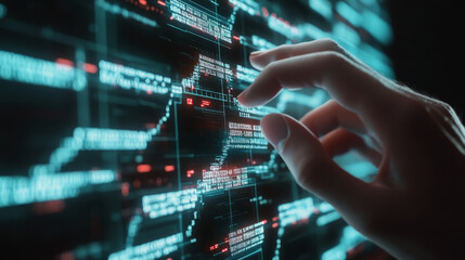 Fototapeta premium Close-up of digital blockchain interface on futuristic screen with transparent data flowing between blocks.