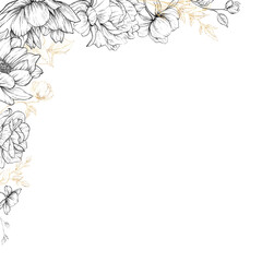 Obraz premium Monochrome flowers, line art, Floral border, Greeting card with flowers, can be used as invitation card for wedding, birthday and other holiday and summer background