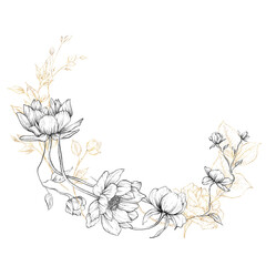 Monochrome and golden flowers, Line art, Bouquet of flowers, can be used as greeting card, invitation card for wedding, birthday and other holiday and summer background