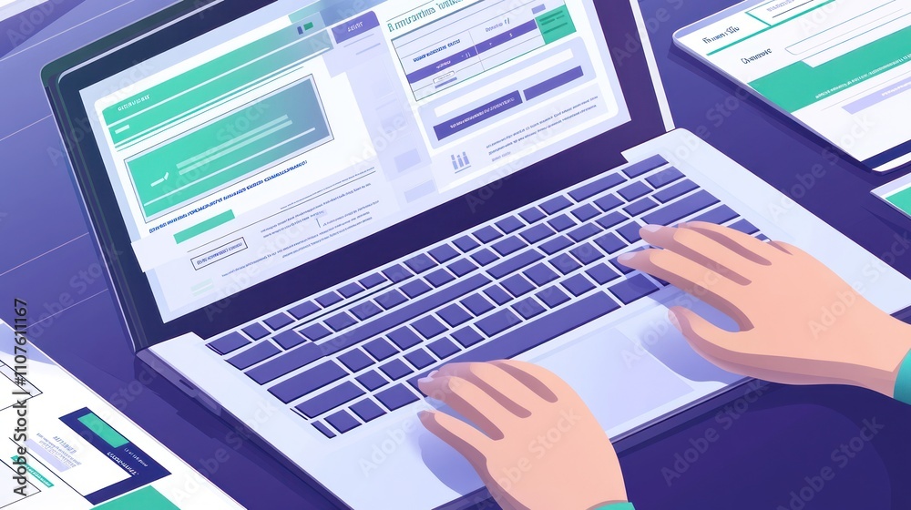 Aufkleber A digital workspace featuring a laptop with user interface elements and hands typing.