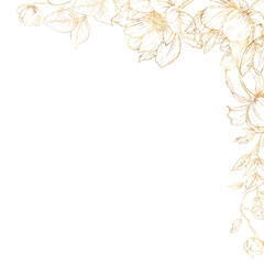 Obraz premium Golden flowers, line art, Floral border, Greeting card with flowers, can be used as invitation card for wedding, birthday and other holiday and summer background
