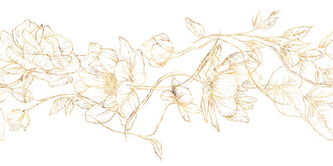 Fototapeta premium Golden flowers, line art, Floral border, Greeting card with flowers, can be used as invitation card for wedding, birthday and other holiday and summer background