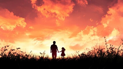 Fototapeta premium Silhouette of a father and daughter holding hands and walking towards a dramatic sunset.