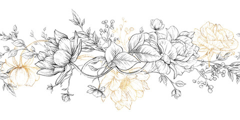 Monochrome flowers, line art, Floral border, Greeting card with flowers, can be used as invitation card for wedding, birthday and other holiday and summer background