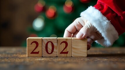 Hand rotating wooden blocks to form 2024 with festive christmas tree background