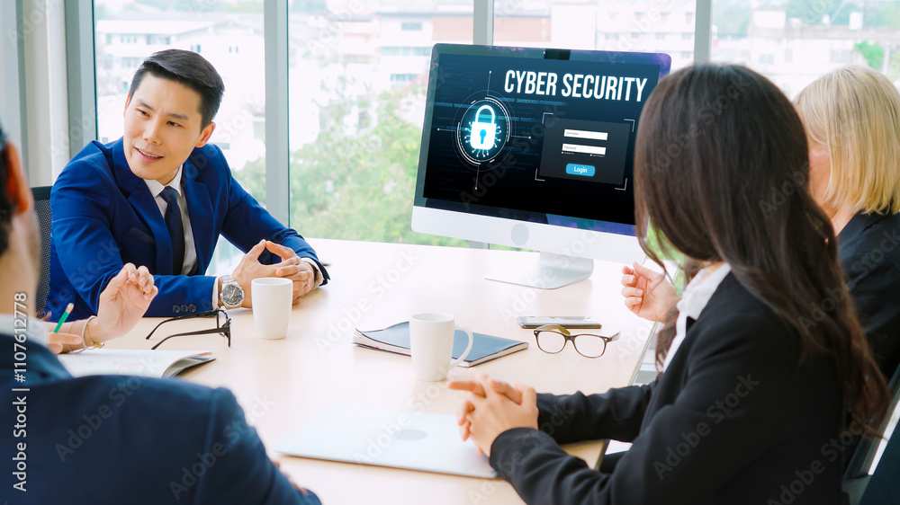 Poster cyber security system on computer screen protect private information snugly from hacker and cyber at