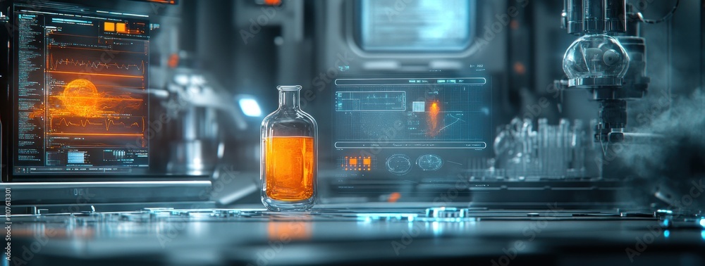 Leinwandbilder a futuristic laboratory with glowing bottles and digital screens displaying data.