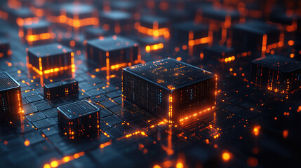 Digital landscape showcasing glowing circuits and blocks in a futuristic concept during nighttime exploration. Generative AI