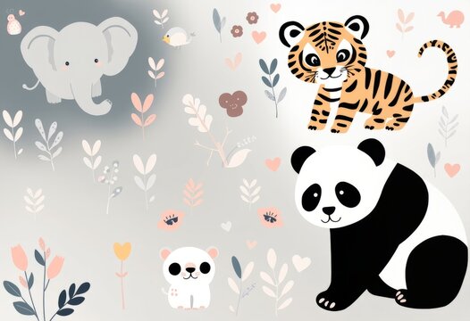 Cute and whimsical animal designs with elephants tigers and pand