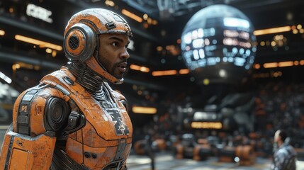 Obraz premium Futuristic Battle Arena with Cybernetic Warrior in Action Scene
