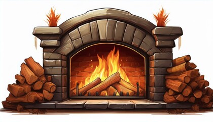Fireplace, firewood on isolated white background