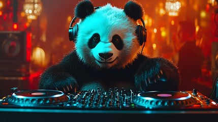 Energetic Panda DJ Spinning Tunes at a Lively Club Party