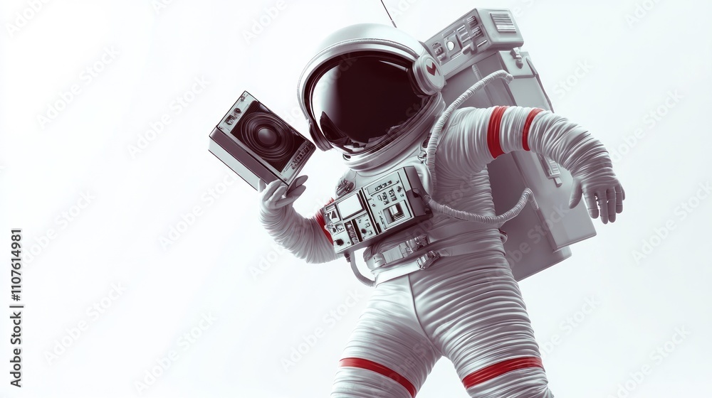 Poster an astronaut holding a vintage cassette player in a futuristic setting.