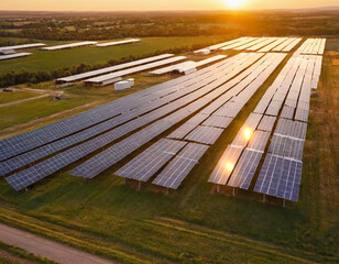 sunset is reflected in the solar panels of a clean energy power plant.