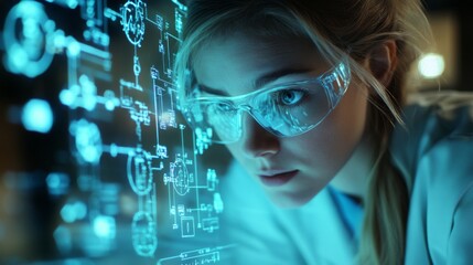 In a cutting-edge laboratory, a focused woman wearing protective goggles engages with holographic technology.