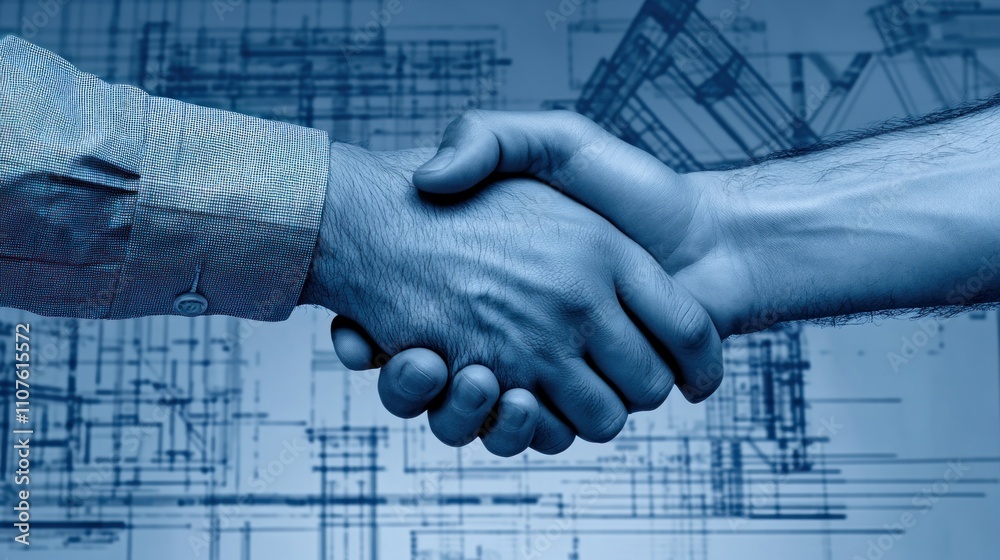 Poster a handshake symbolizing partnership and collaboration over a blueprint background.