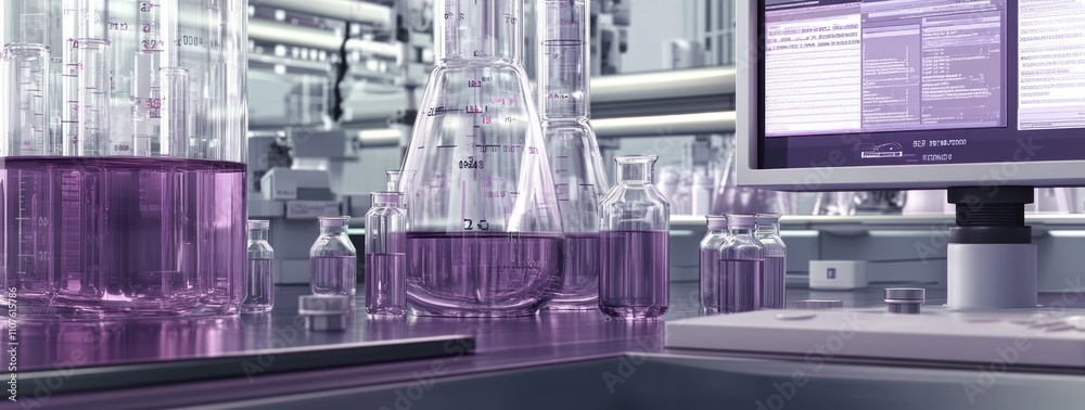 Poster a laboratory scene with glassware and a computer, showcasing scientific experimentation.