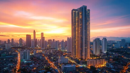 Fototapeta premium A vibrant city skyline at sunset, showcasing modern architecture and urban life.