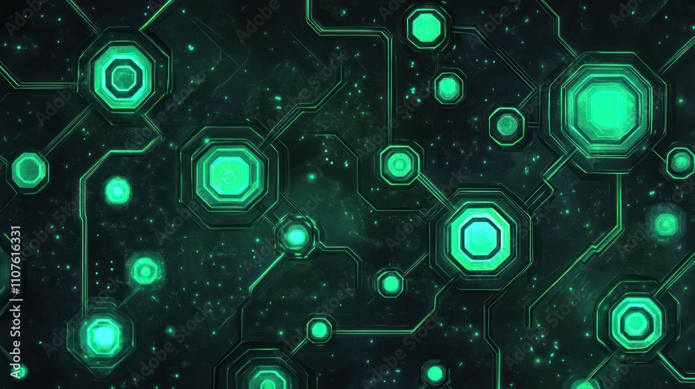 Fototapete abstract digital background with glowing green hexagons and circuit patterns.