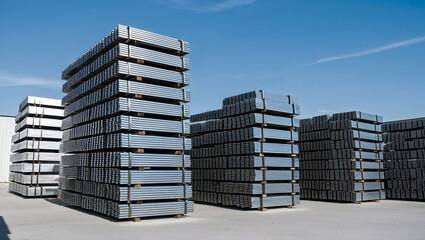 Stacks of steel beams illuminated by sunlight at a construction yard with clear blue sky