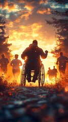 Obraz premium Athlete in wheelchair surrounded by other runners at dusk. This image is perfect for promoting equality and inclusion in sport, inspiring, encouraging and promoting social cohesion.