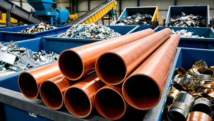 Copper pipes stacked in a recycling facility showcasing metal waste sorting process