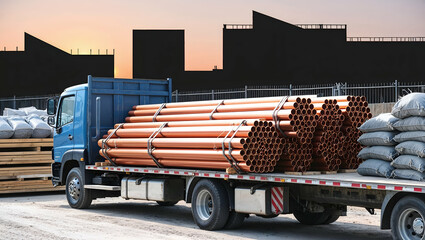 Copper pipes and construction materials stacked on a truck at a construction site during sunset