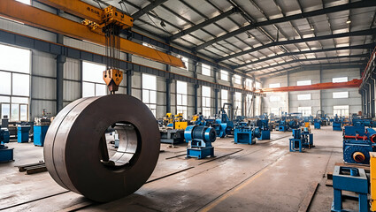 Heavy machinery in a large industrial workshop during daytime operations with cranes and equipment