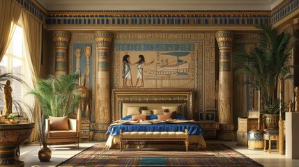 Luxurious Ancient Egyptian Bedroom Interior with Artistic Details